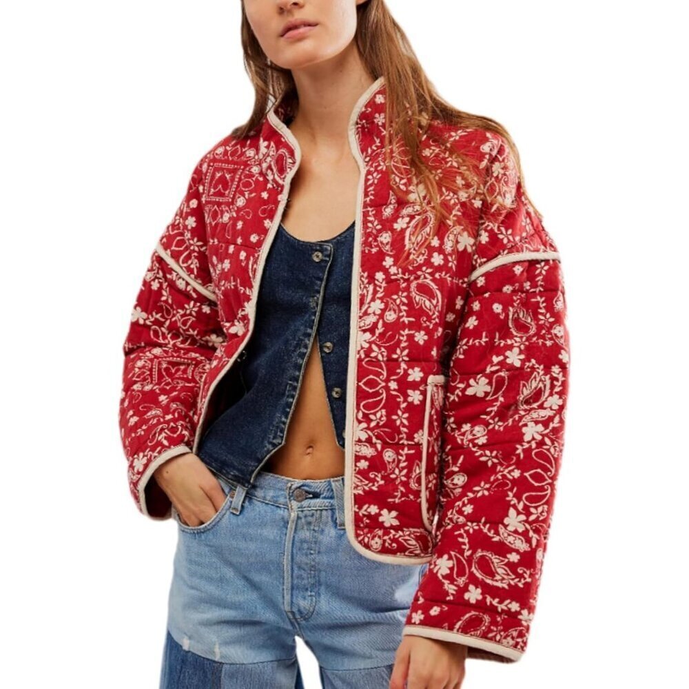 🆕Women’s Red Cropped Puffer Jacket Floral Printed Quilted Lightweight Coat